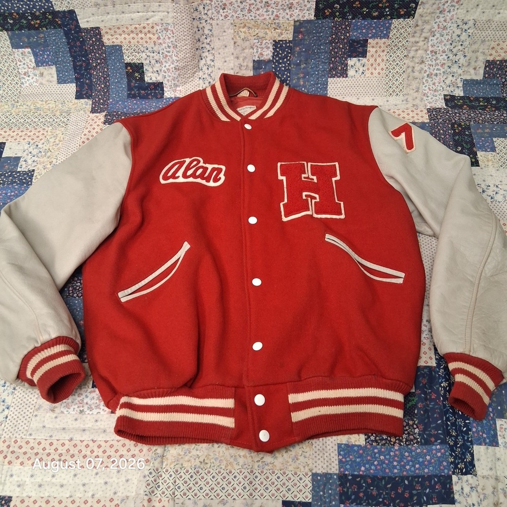 True Vintage 70s Butwin Varsity Jacket Mens Red Wool Leather Chenille Vulcans 79